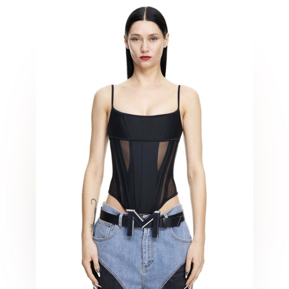 NWT Mugler x HM Mesh-paneled Corset Top black, sz XS Limited Edition H&M - Picture 3 of 7